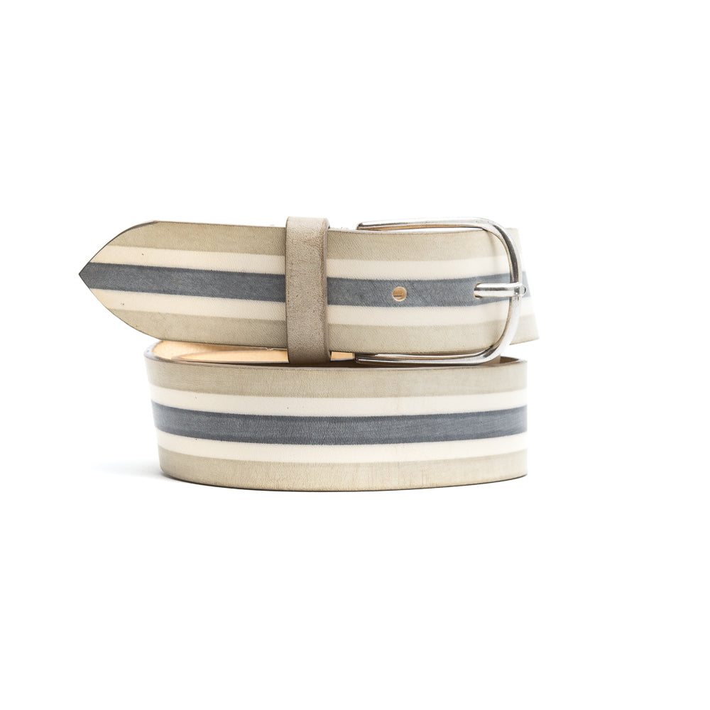 Cintura Pelle Grigio Chiaro con Righe Bianche e Grigio Antracite