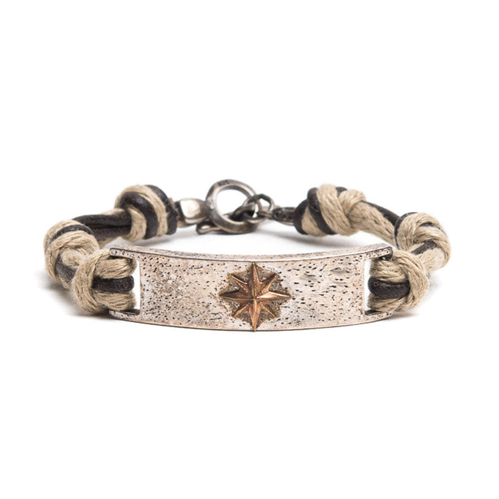 Bracciale Placca Rosa Dei Venti + Lino / Filo Cerato