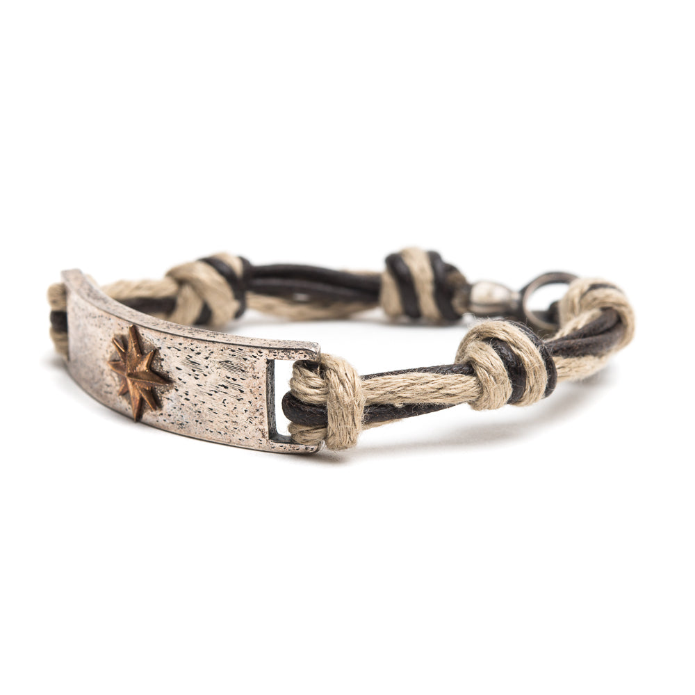 Bracciale Placca Rosa Dei Venti + Lino / Filo Cerato
