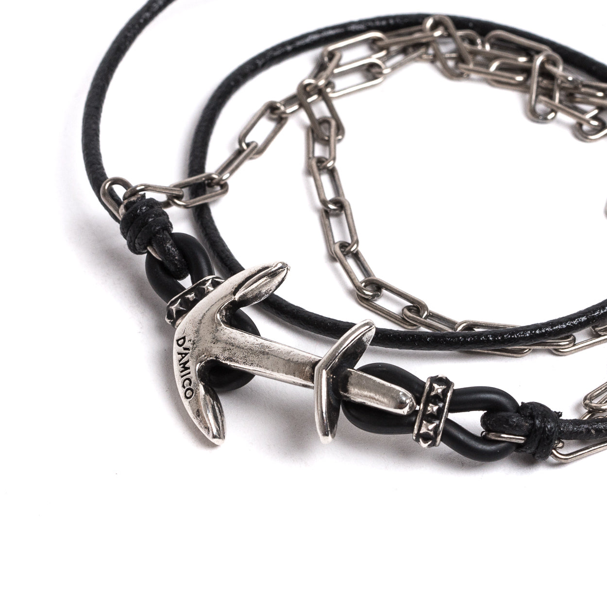 Bracciale Cuoio + Ancora e Catenine - ANDREA D'AMICO SRL