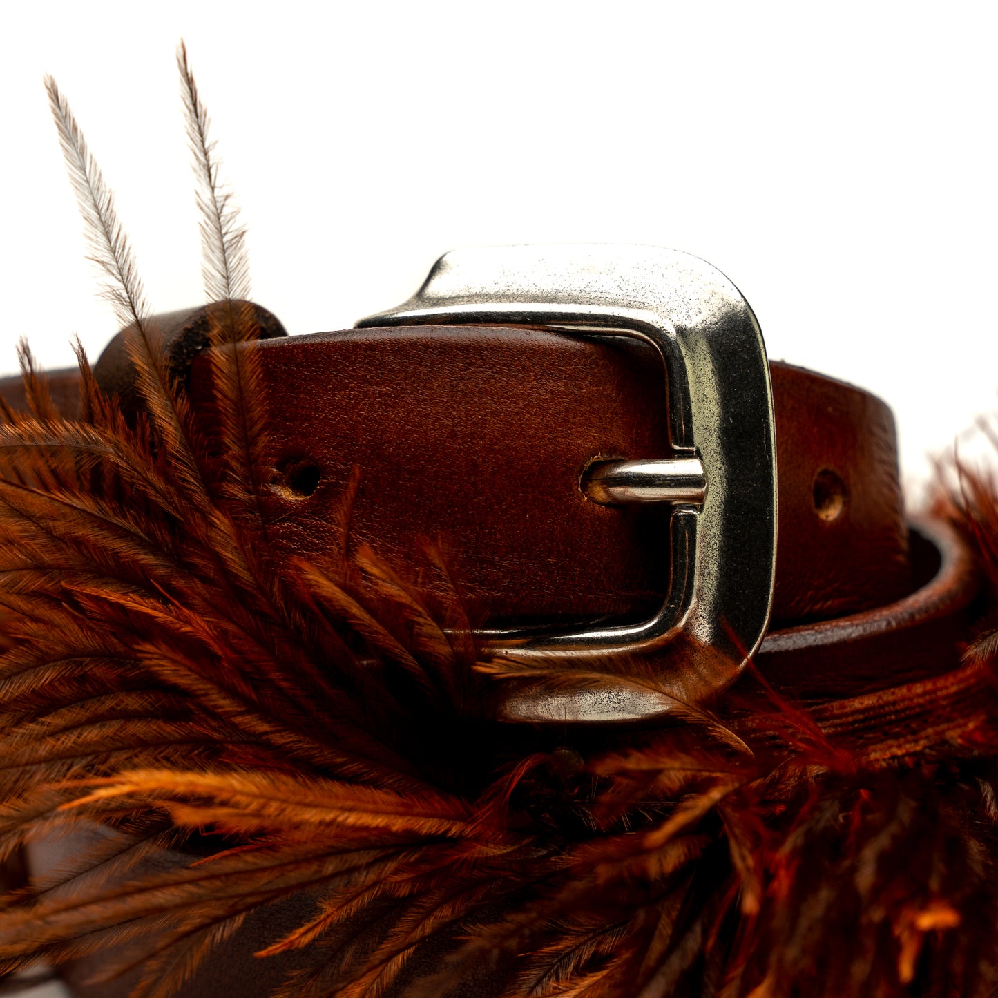 Vintage Brown Leather Belt Feathers and Navajo Decorations
