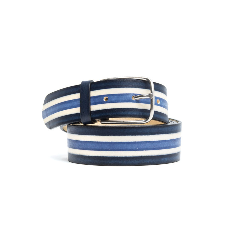 Cintura Pelle Blu Notte con Righe Bianche e Blu