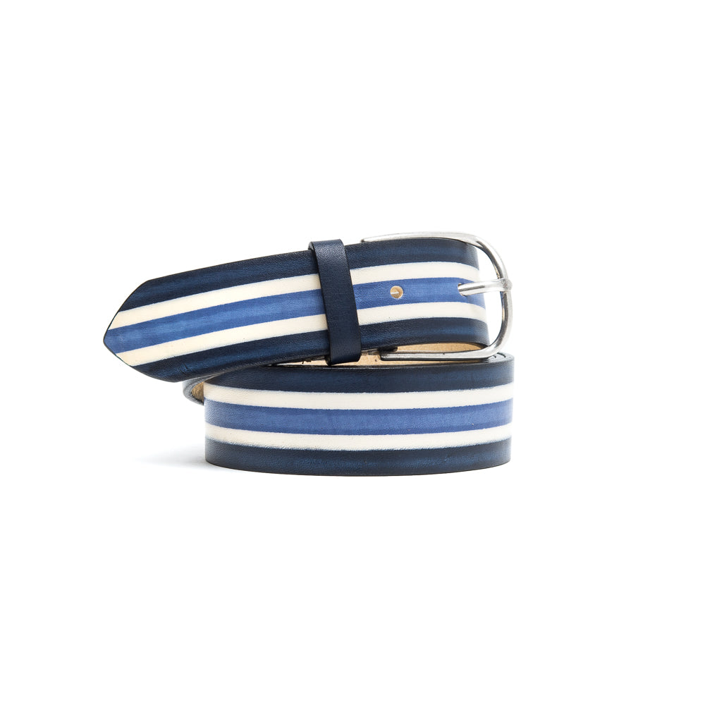 Cintura Pelle Blu Notte con Righe Bianche e Blu
