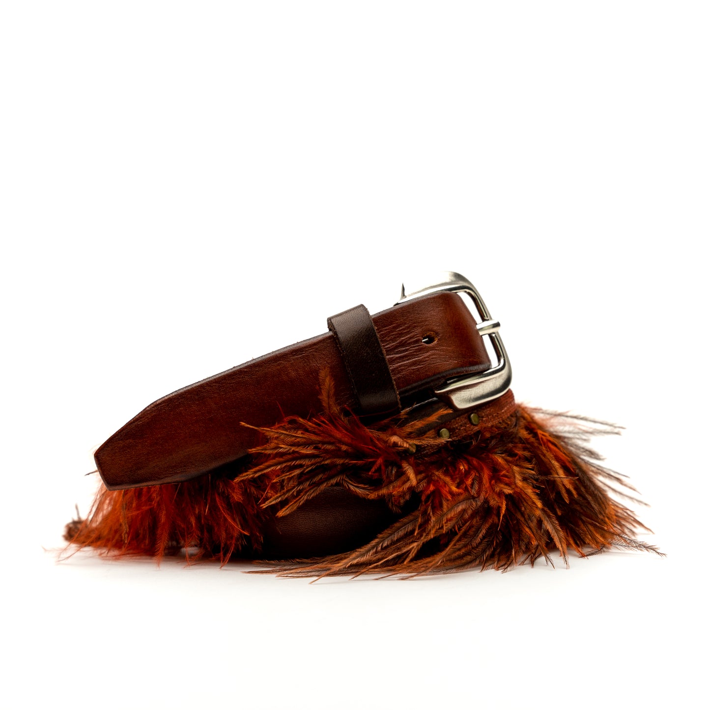 Vintage Brown Leather Belt Feathers and Navajo Decorations