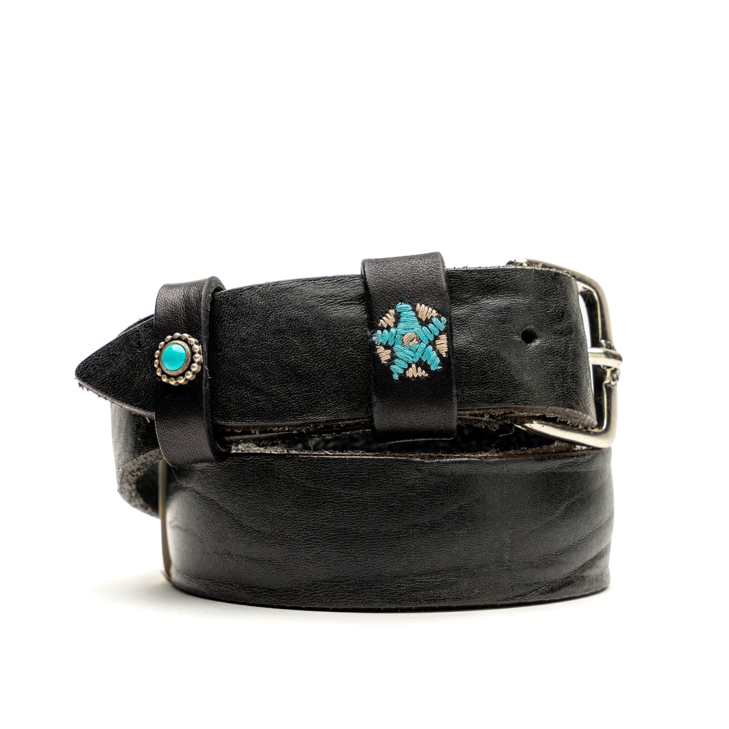 Vintage Black Leather Belt Decorated Loops