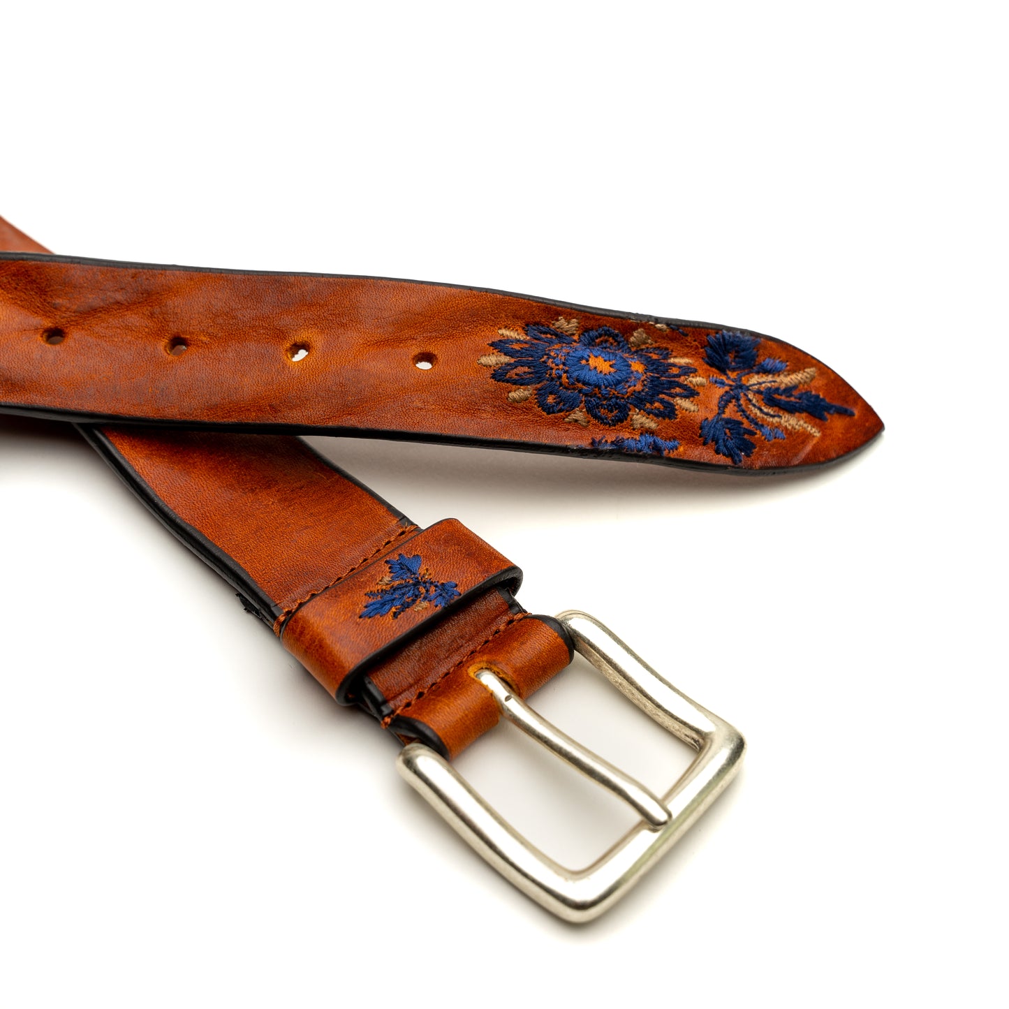 Vintage Floral Blue Leather Belt