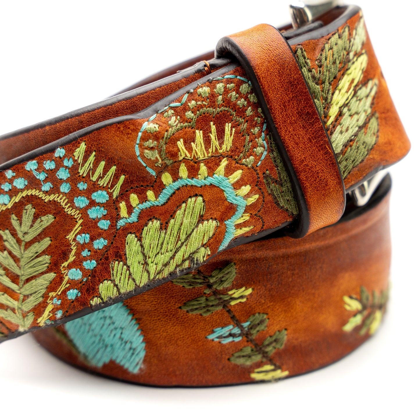 Vintage Floral Turquoise Leather Belt