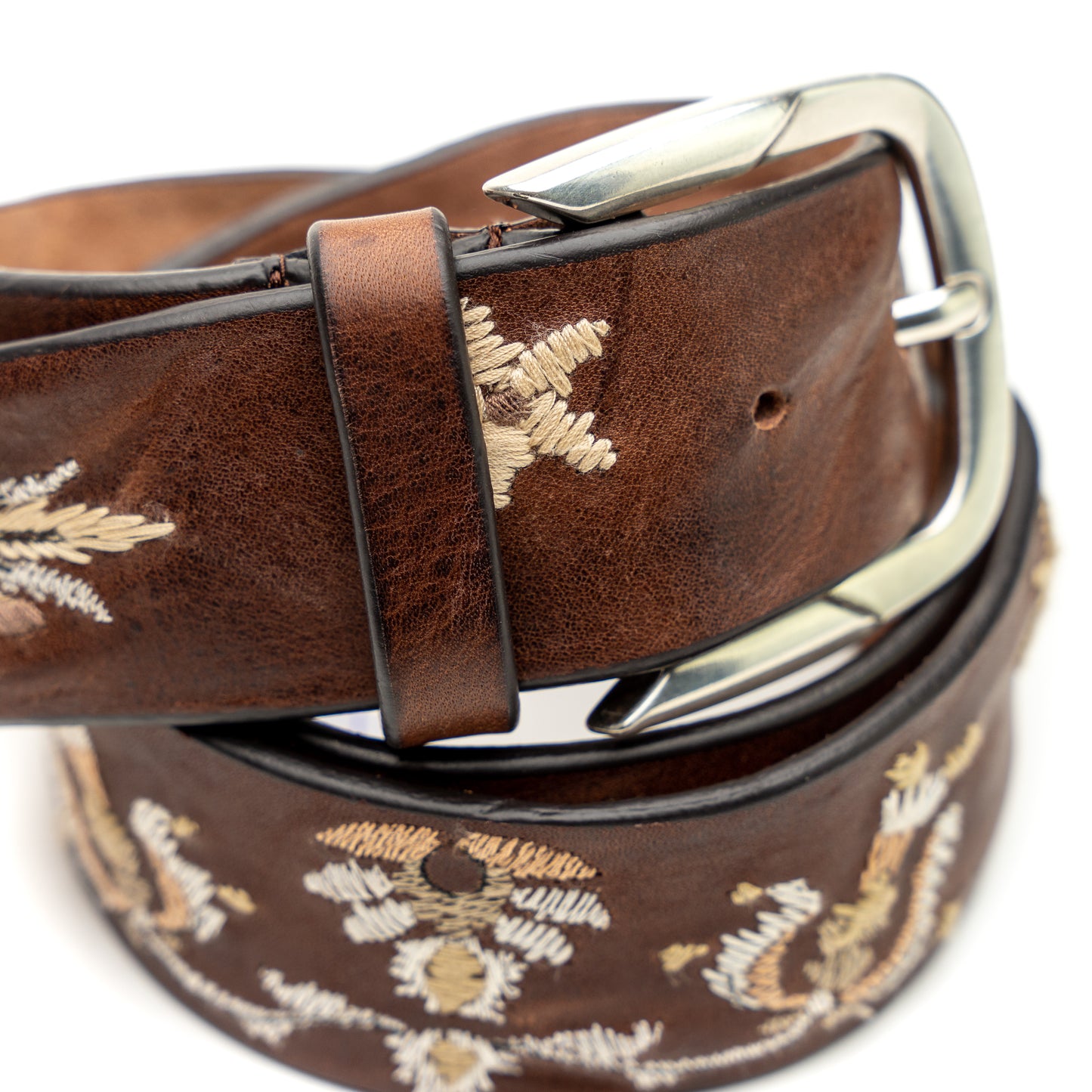 Vintage Brown Leather Belt Embroidered Flowers Pasley Beige