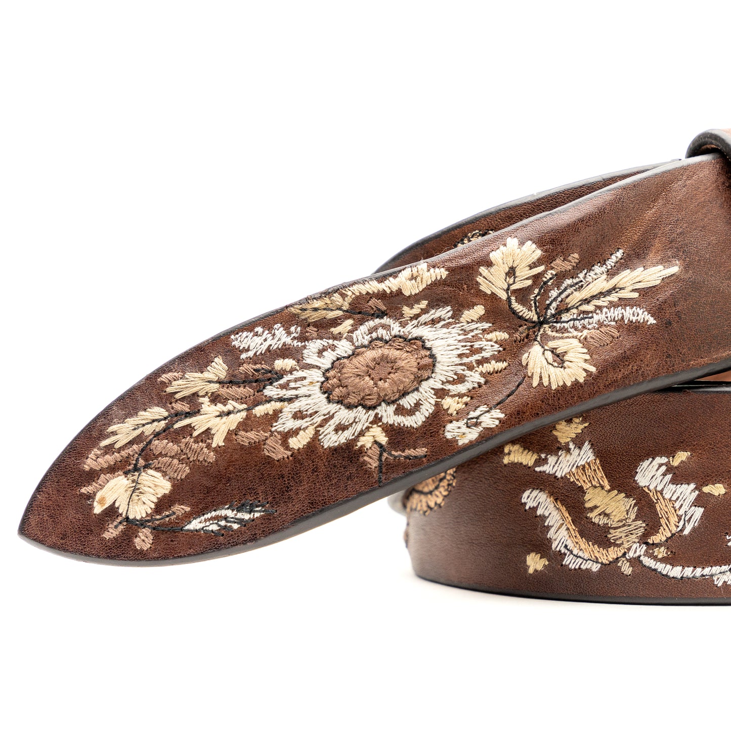 Vintage Brown Leather Belt Embroidered Flowers Pasley Beige