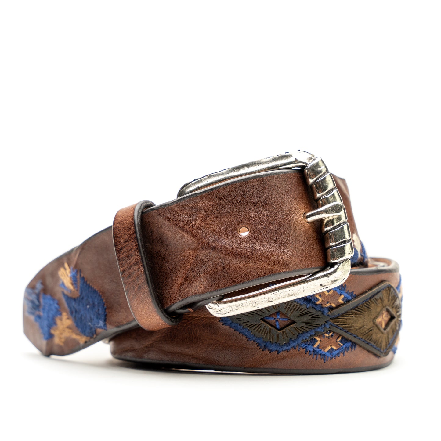 Vintage Brown Floral Blue Leather Belt