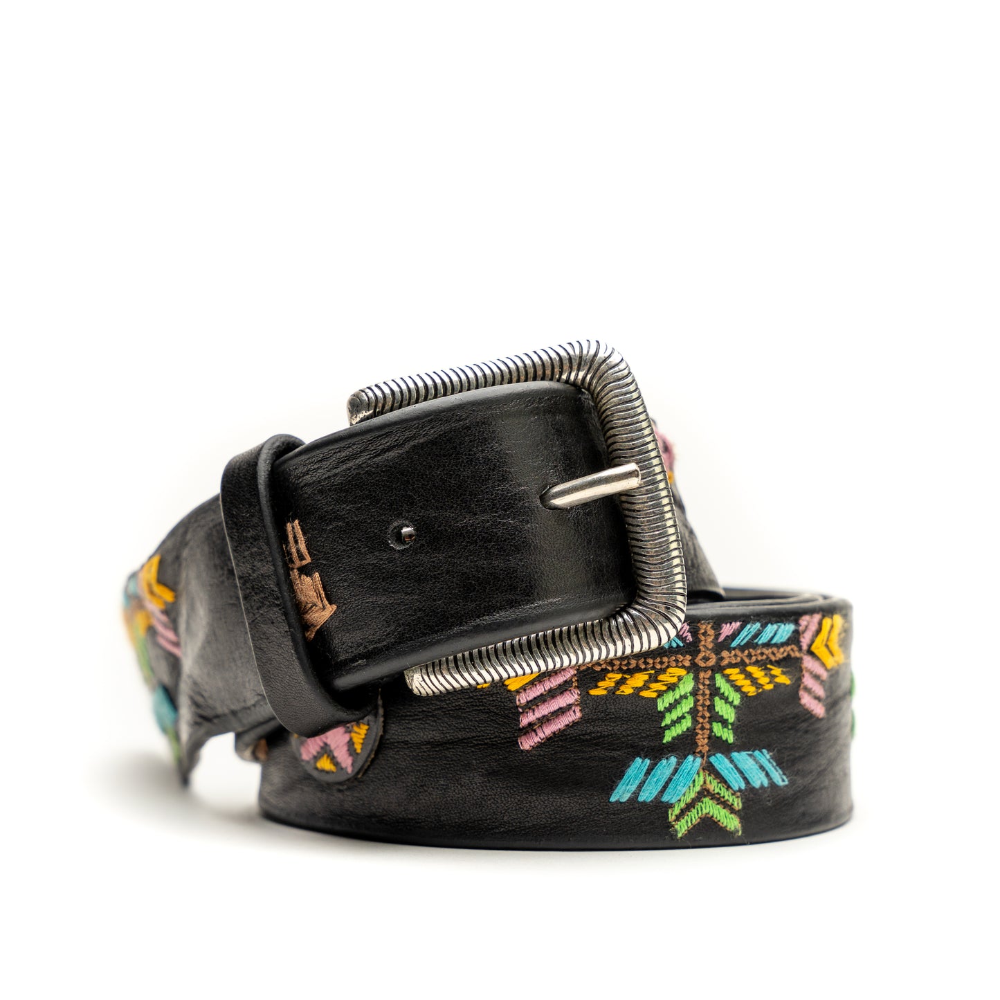 Vintage Black Leather Belt with Navajo Candy Embroidery
