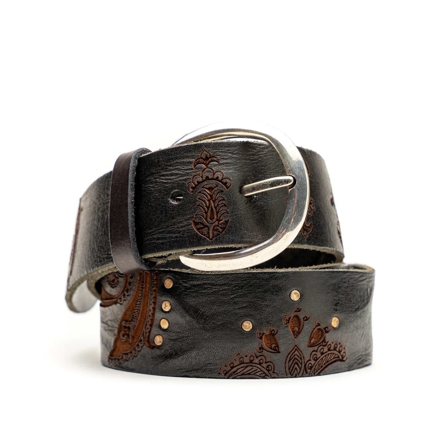 Cintura cuoio vintage Brown Laserato Pasley e Decorazioni